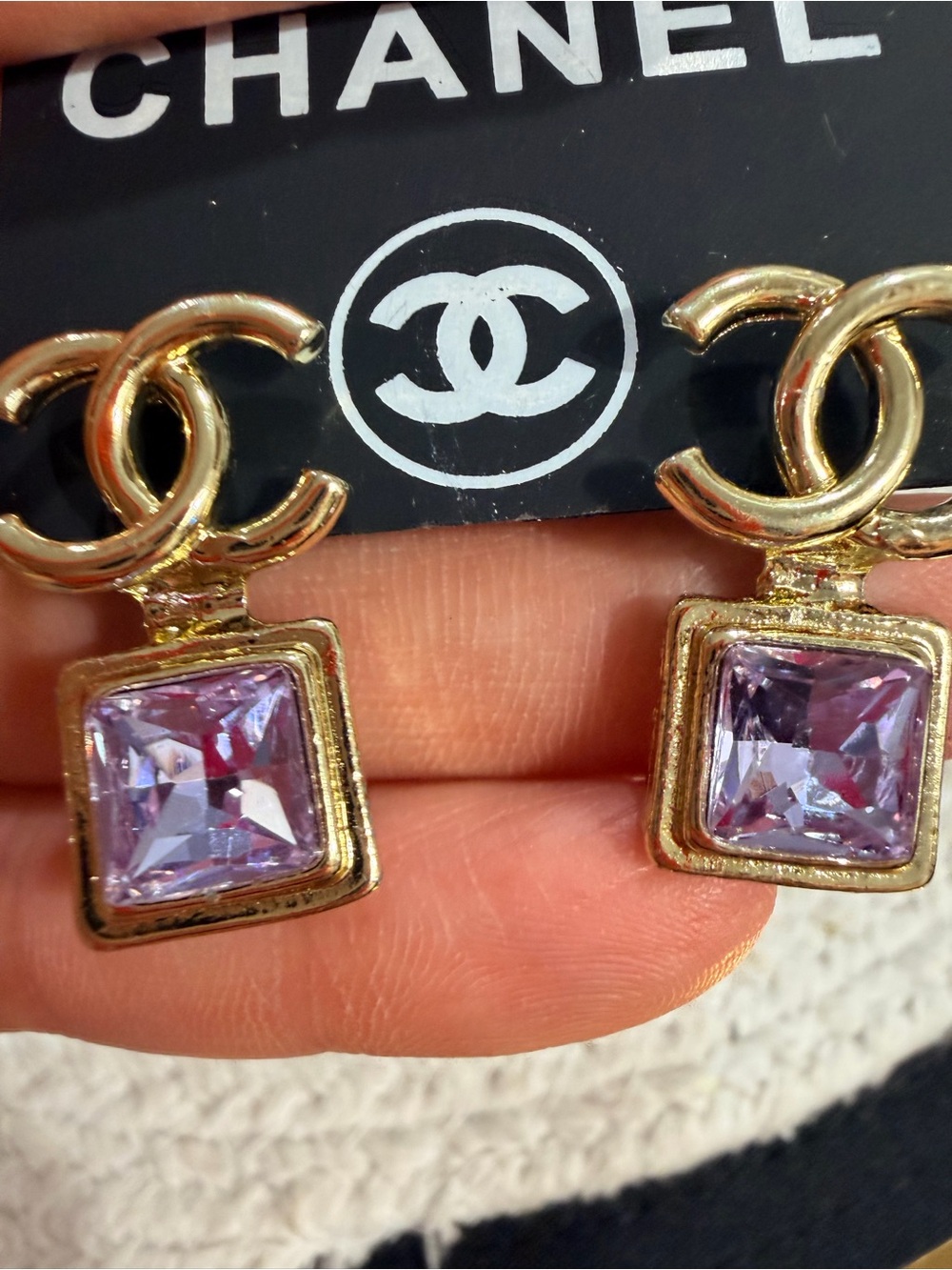 Gold-Tone CC Drop Earrings with Lavender Square Stones - Picture 6 of 9